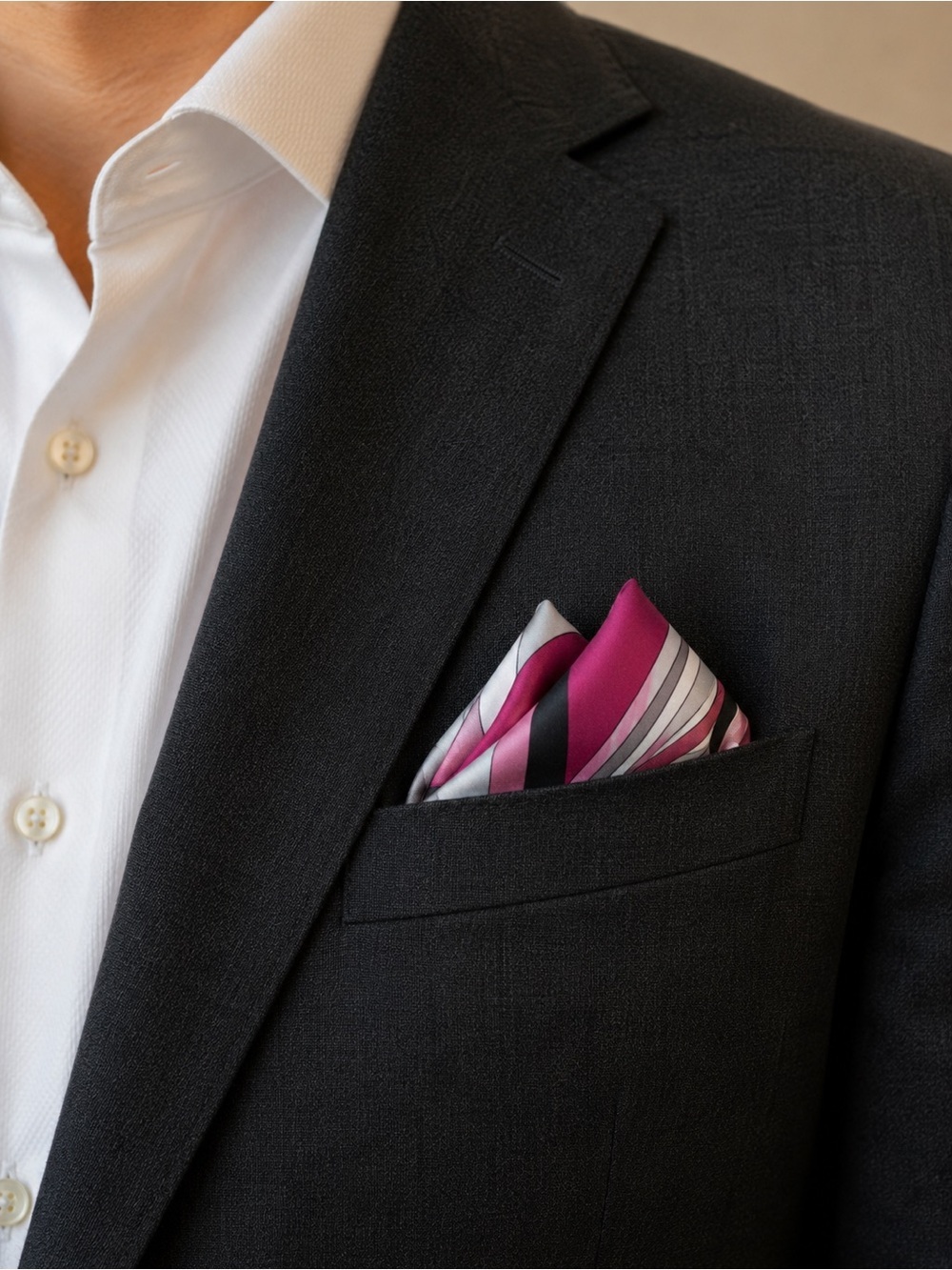 Dion Silk Men’s Art Deco Pink Raspberry Silver Grey Black Unique Pocket Square
